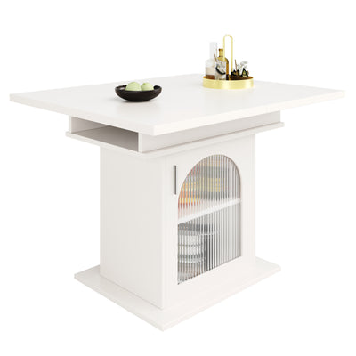 Table à Manger Extensible Blanche avec Portes en Verre Canelé et Rangement Intégré CHOCAS WHITE