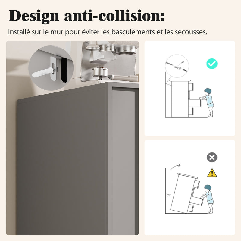 Buffet Gris Moderne sans Poignée avec 4 Portes, Rangement Ajustable et Dispositif Anti-Basculement CORCIX