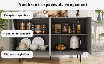 Buffet Gris Moderne sans Poignée avec 4 Portes, Rangement Ajustable et Dispositif Anti-Basculement CORCIX
