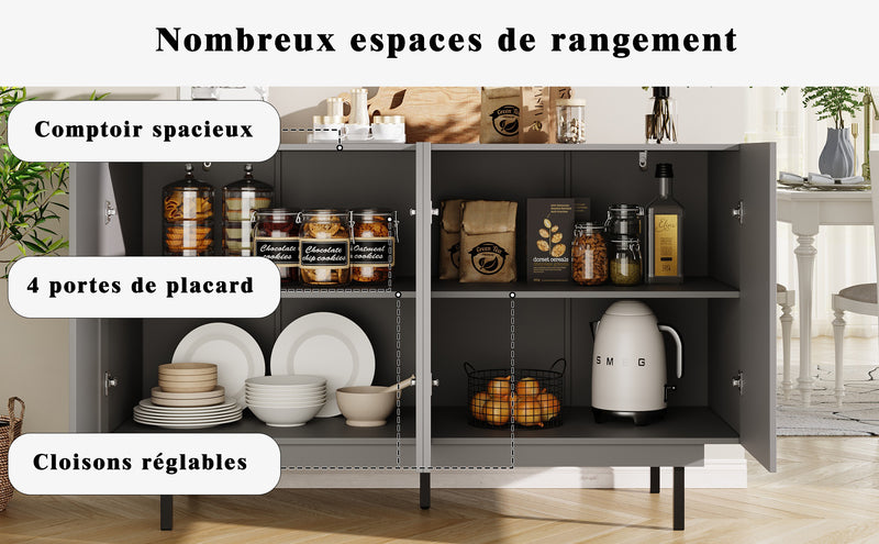 Buffet Gris Moderne sans Poignée avec 4 Portes, Rangement Ajustable et Dispositif Anti-Basculement CORCIX