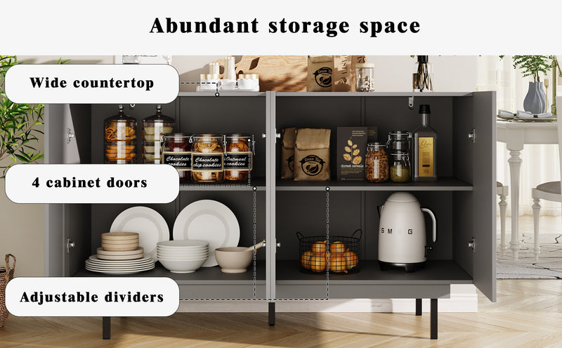Buffet Gris Moderne sans Poignée avec 4 Portes, Rangement Ajustable et Dispositif Anti-Basculement CORCIX