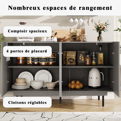 Buffet Gris Moderne sans Poignée avec 4 Portes, Rangement Ajustable et Dispositif Anti-Basculement CORCIX