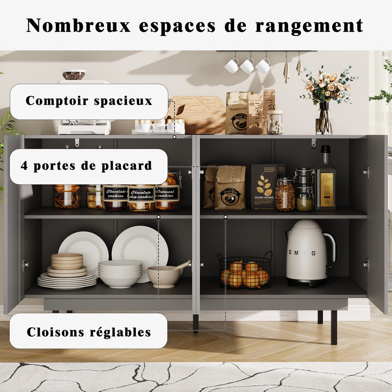 Buffet Gris Moderne sans Poignée avec 4 Portes, Rangement Ajustable et Dispositif Anti-Basculement CORCIX