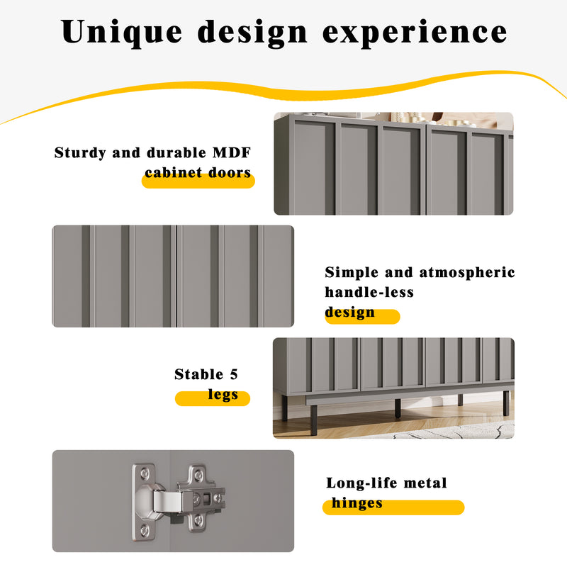 Buffet Gris Moderne sans Poignée avec 4 Portes, Rangement Ajustable et Dispositif Anti-Basculement CORCIX