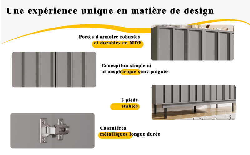 Buffet Gris Moderne sans Poignée avec 4 Portes, Rangement Ajustable et Dispositif Anti-Basculement CORCIX
