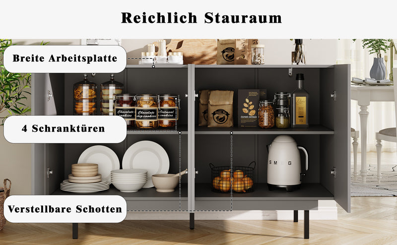 Buffet Gris Moderne sans Poignée avec 4 Portes, Rangement Ajustable et Dispositif Anti-Basculement CORCIX
