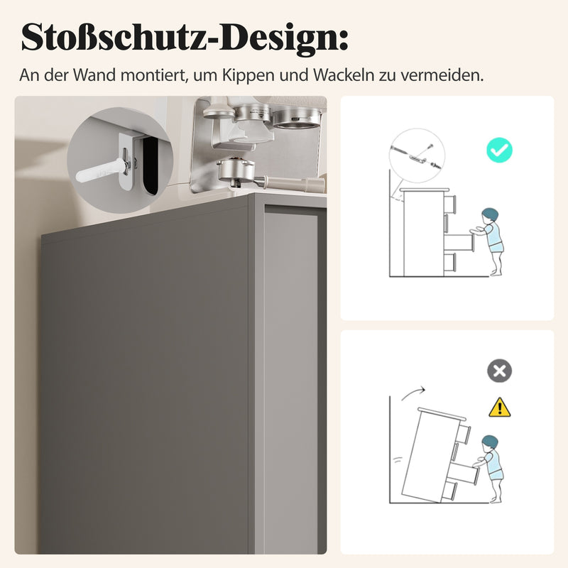 Buffet Gris Moderne sans Poignée avec 4 Portes, Rangement Ajustable et Dispositif Anti-Basculement CORCIX