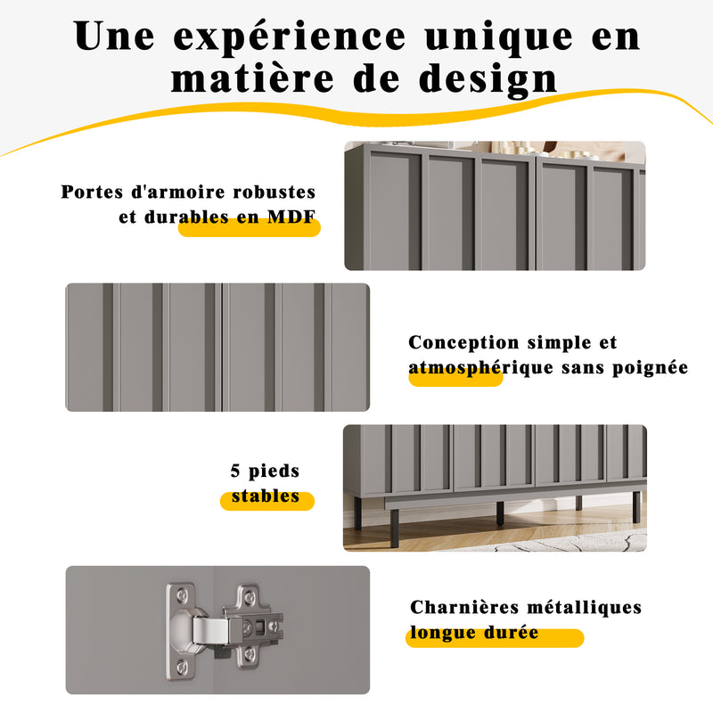 Buffet Gris Moderne sans Poignée avec 4 Portes, Rangement Ajustable et Dispositif Anti-Basculement CORCIX