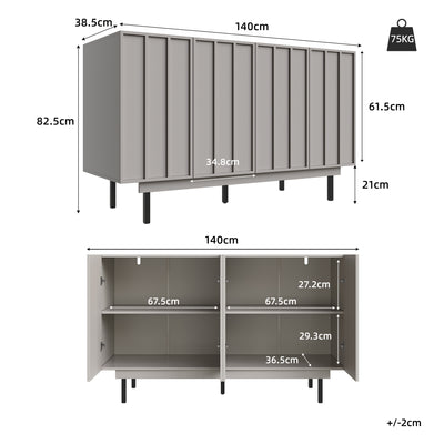 Buffet Gris Moderne sans Poignée avec 4 Portes, Rangement Ajustable et Dispositif Anti-Basculement CORCIX