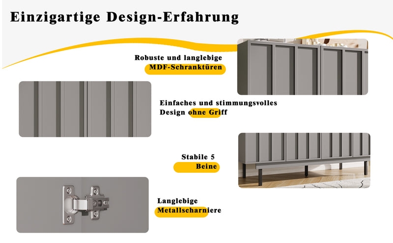 Buffet Gris Moderne sans Poignée avec 4 Portes, Rangement Ajustable et Dispositif Anti-Basculement CORCIX