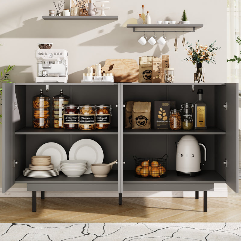 Buffet Gris Moderne sans Poignée avec 4 Portes, Rangement Ajustable et Dispositif Anti-Basculement CORCIX
