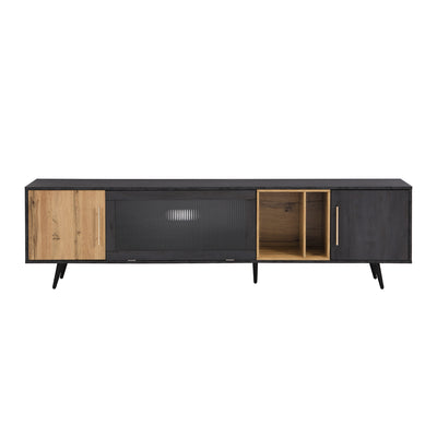 Meuble TV Élégant Gris et Bois Foncé avec Porte Abattante en Verre Changhong et Rangement Intégré (200x40x55.5cm - Pour TV 90"+) COVUNS