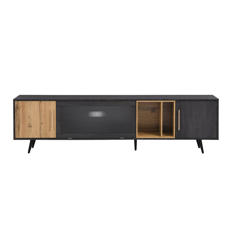 Meuble TV Élégant Gris et Bois Foncé avec Porte Abattante en Verre Changhong et Rangement Intégré (200x40x55.5cm - Pour TV 90"+) COVUNS