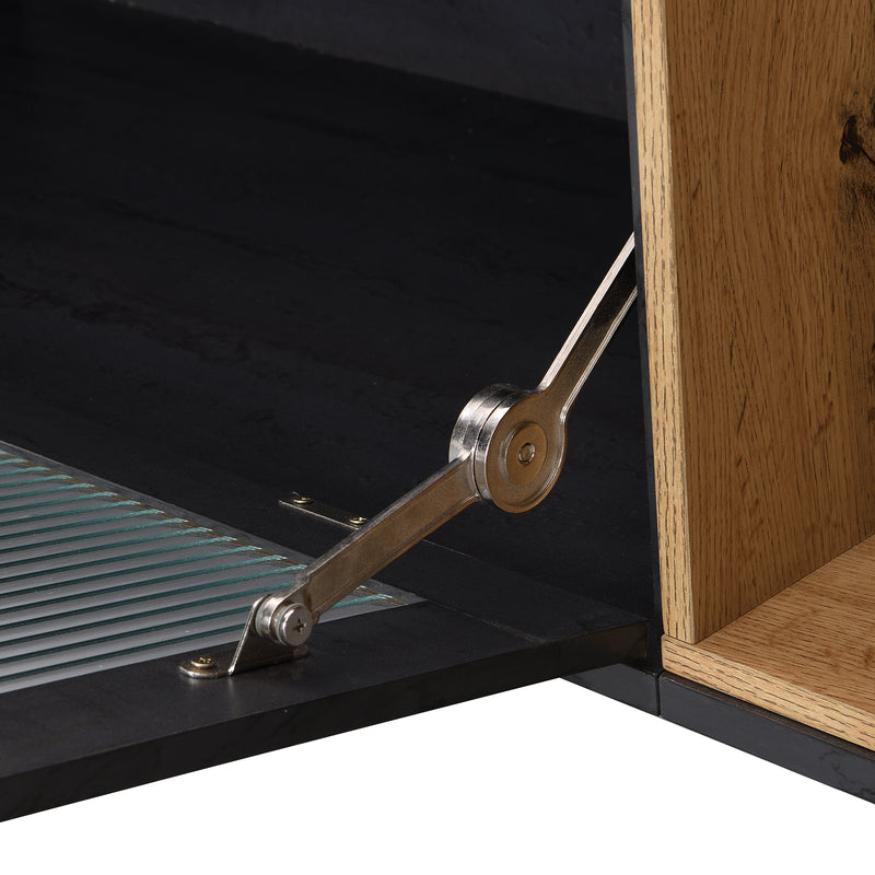 Meuble TV Élégant Gris et Bois Foncé avec Porte Abattante en Verre Changhong et Rangement Intégré (200x40x55.5cm - Pour TV 90"+) COVUNS