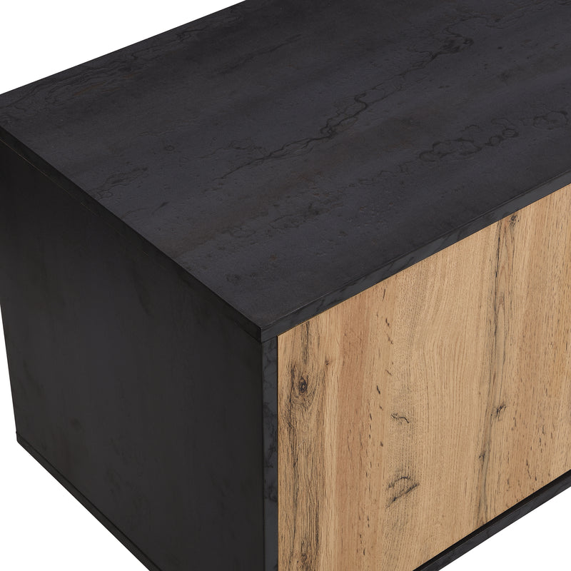 Meuble TV Élégant Gris et Bois Foncé avec Porte Abattante en Verre Changhong et Rangement Intégré (200x40x55.5cm - Pour TV 90"+) COVUNS