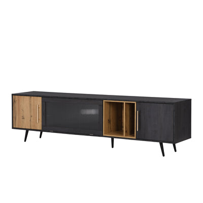 Meuble TV Élégant Gris et Bois Foncé avec Porte Abattante en Verre Changhong et Rangement Intégré (200x40x55.5cm - Pour TV 90"+) COVUNS