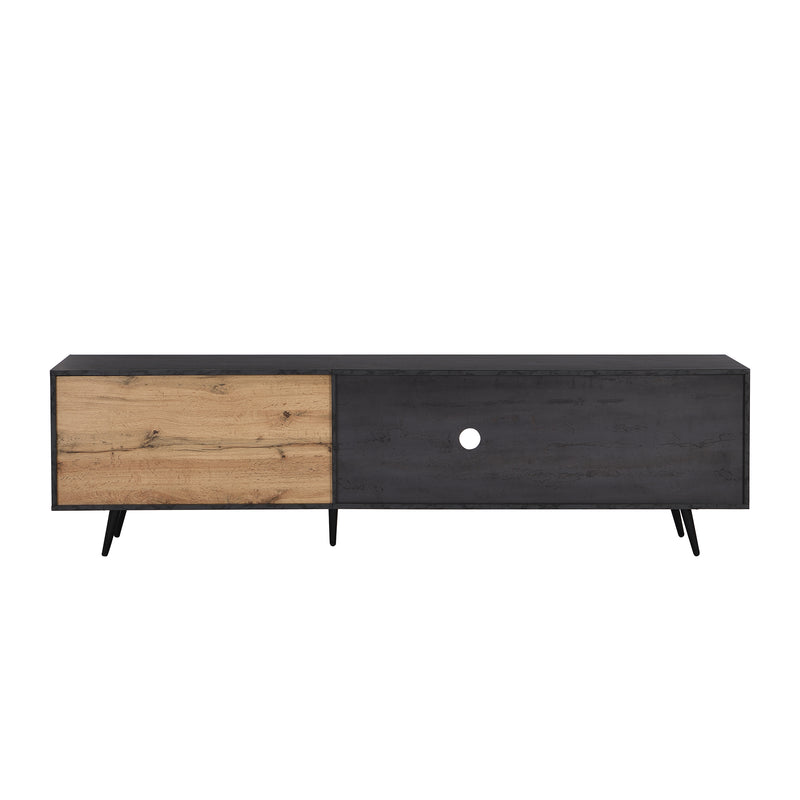 Meuble TV Élégant Gris et Bois Foncé avec Porte Abattante en Verre Changhong et Rangement Intégré (200x40x55.5cm - Pour TV 90"+) COVUNS