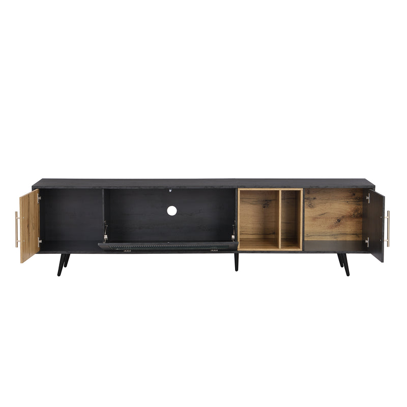 Meuble TV Élégant Gris et Bois Foncé avec Porte Abattante en Verre Changhong et Rangement Intégré (200x40x55.5cm - Pour TV 90"+) COVUNS