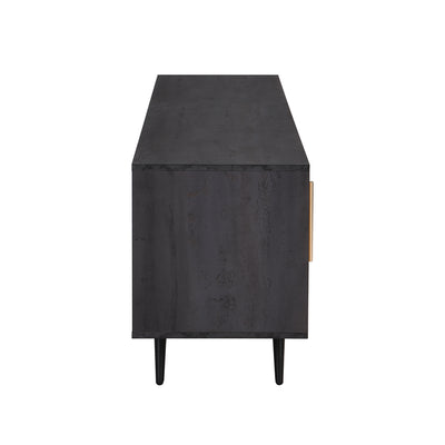 Meuble TV Élégant Gris et Bois Foncé avec Porte Abattante en Verre Changhong et Rangement Intégré (200x40x55.5cm - Pour TV 90"+) COVUNS