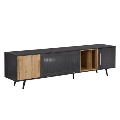 Meuble TV Élégant Gris et Bois Foncé avec Porte Abattante en Verre Changhong et Rangement Intégré (200x40x55.5cm - Pour TV 90"+) COVUNS