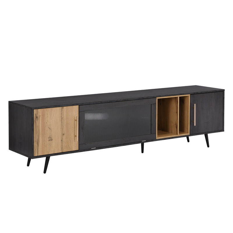 Meuble TV Élégant Gris et Bois Foncé avec Porte Abattante en Verre Changhong et Rangement Intégré (200x40x55.5cm - Pour TV 90"+) COVUNS