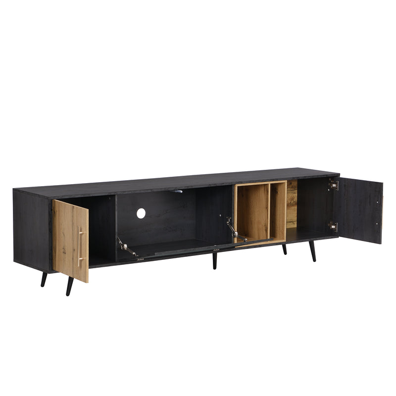 Meuble TV Élégant Gris et Bois Foncé avec Porte Abattante en Verre Changhong et Rangement Intégré (200x40x55.5cm - Pour TV 90"+) COVUNS