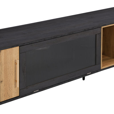 Meuble TV Élégant Gris et Bois Foncé avec Porte Abattante en Verre Changhong et Rangement Intégré (200x40x55.5cm - Pour TV 90"+) COVUNS