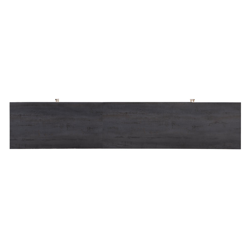 Meuble TV Élégant Gris et Bois Foncé avec Porte Abattante en Verre Changhong et Rangement Intégré (200x40x55.5cm - Pour TV 90"+) COVUNS