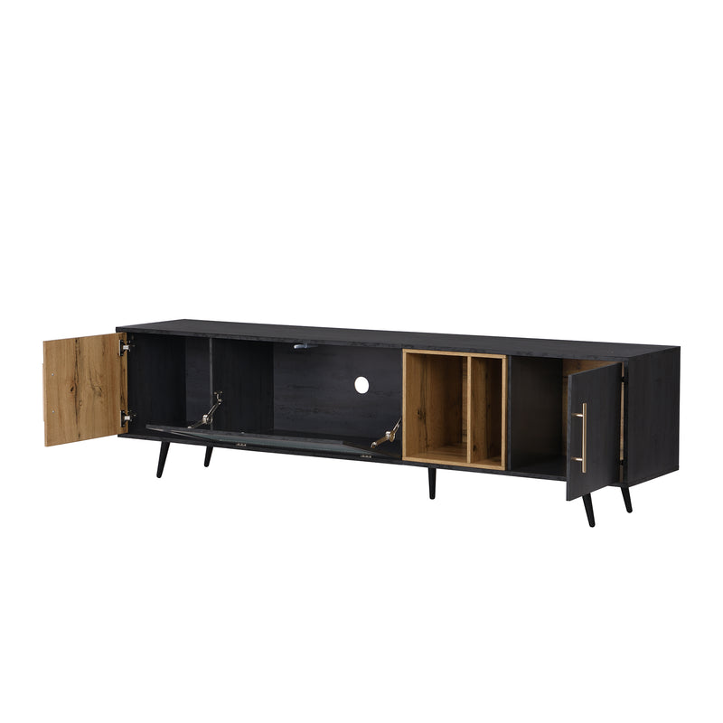 Meuble TV Élégant Gris et Bois Foncé avec Porte Abattante en Verre Changhong et Rangement Intégré (200x40x55.5cm - Pour TV 90"+) COVUNS