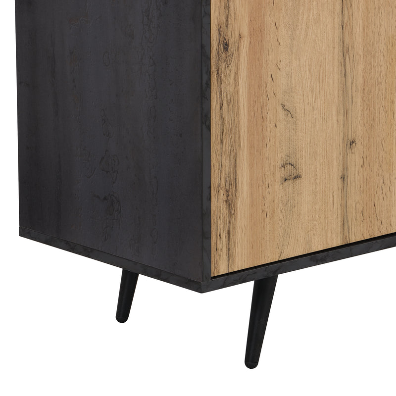 Meuble TV Élégant Gris et Bois Foncé avec Porte Abattante en Verre Changhong et Rangement Intégré (200x40x55.5cm - Pour TV 90"+) COVUNS
