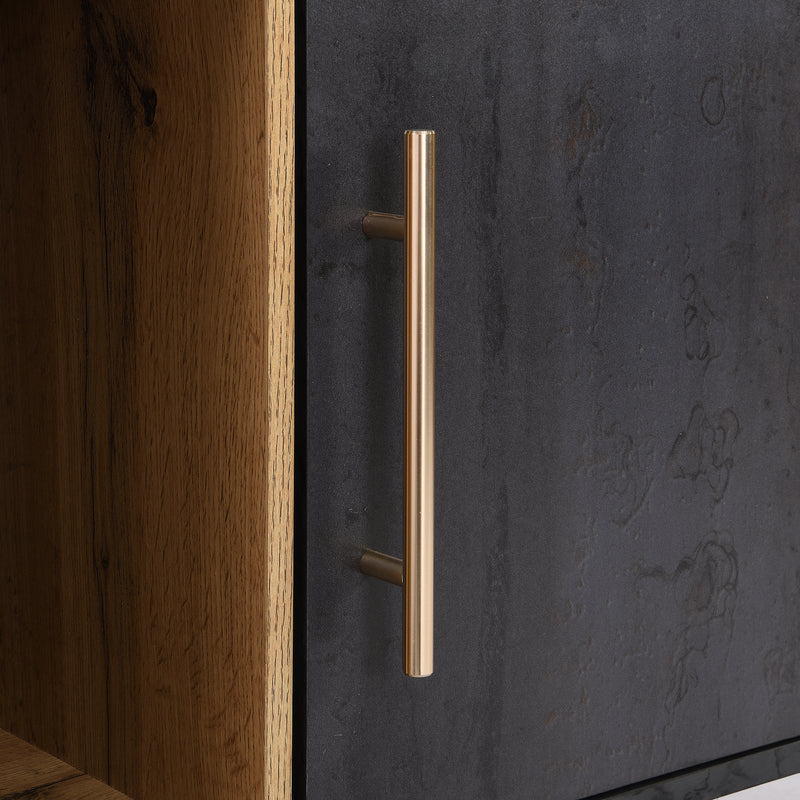 Meuble TV Élégant Gris et Bois Foncé avec Porte Abattante en Verre Changhong et Rangement Intégré (200x40x55.5cm - Pour TV 90"+) COVUNS