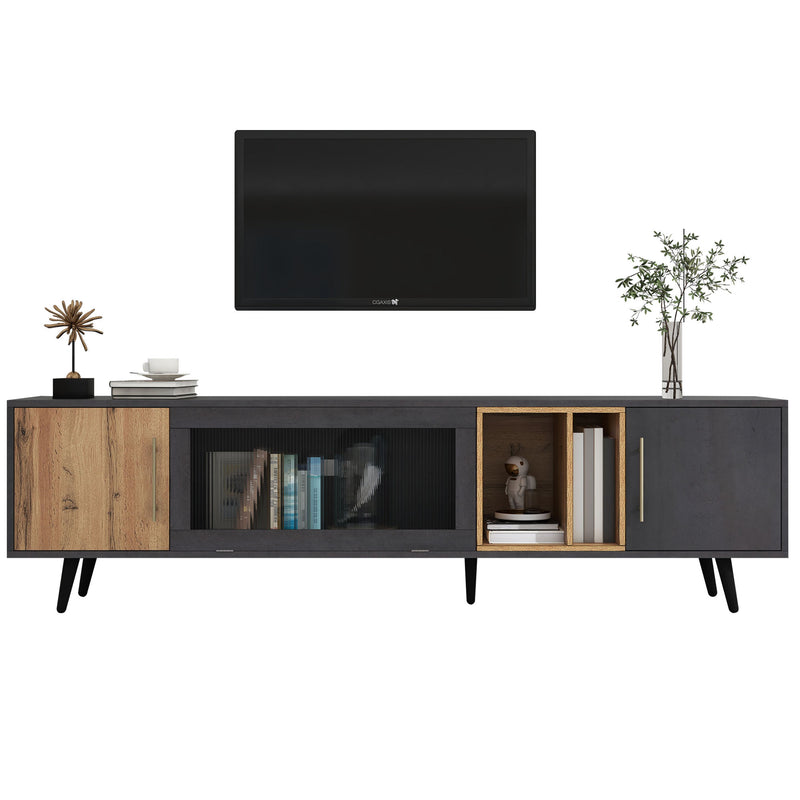 Meuble TV Élégant Gris et Bois Foncé avec Porte Abattante en Verre Changhong et Rangement Intégré (200x40x55.5cm - Pour TV 90"+) COVUNS