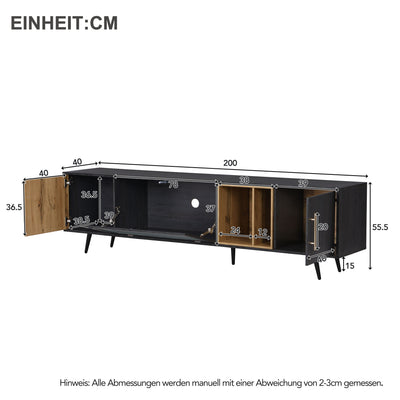 Meuble TV Élégant Gris et Bois Foncé avec Porte Abattante en Verre Changhong et Rangement Intégré (200x40x55.5cm - Pour TV 90"+) COVUNS