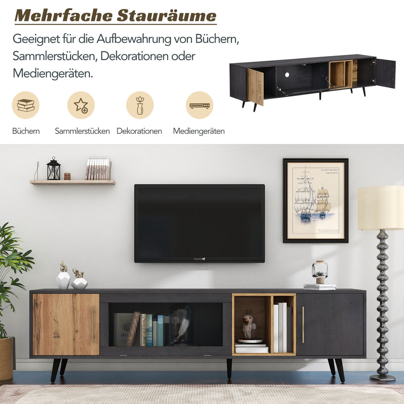 Meuble TV Élégant Gris et Bois Foncé avec Porte Abattante en Verre Changhong et Rangement Intégré (200x40x55.5cm - Pour TV 90"+) COVUNS
