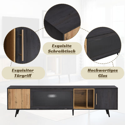 Meuble TV Élégant Gris et Bois Foncé avec Porte Abattante en Verre Changhong et Rangement Intégré (200x40x55.5cm - Pour TV 90"+) COVUNS