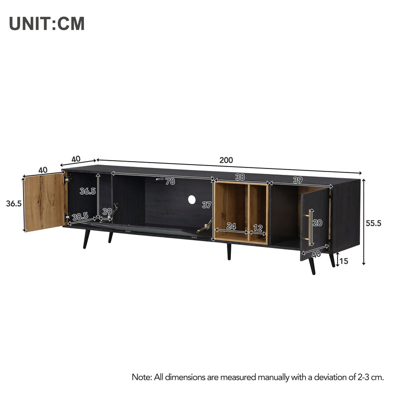 Meuble TV Élégant Gris et Bois Foncé avec Porte Abattante en Verre Changhong et Rangement Intégré (200x40x55.5cm - Pour TV 90"+) COVUNS