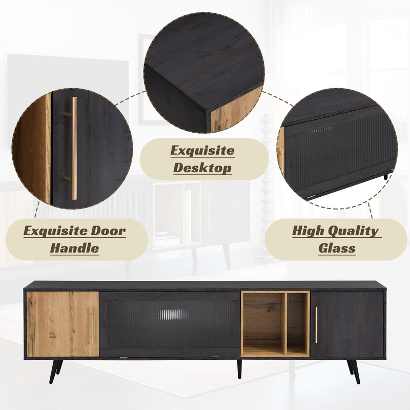 Meuble TV Élégant Gris et Bois Foncé avec Porte Abattante en Verre Changhong et Rangement Intégré (200x40x55.5cm - Pour TV 90"+) COVUNS