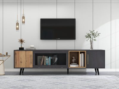 Meuble TV Élégant Gris et Bois Foncé avec Porte Abattante en Verre Changhong et Rangement Intégré (200x40x55.5cm - Pour TV 90"+) COVUNS
