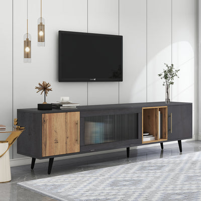 Meuble TV Élégant Gris et Bois Foncé avec Porte Abattante en Verre Changhong et Rangement Intégré (200x40x55.5cm - Pour TV 90"+) COVUNS