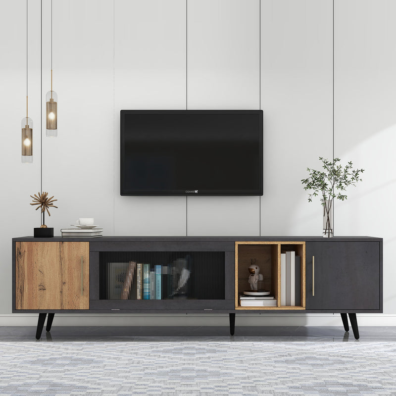 Meuble TV Élégant Gris et Bois Foncé avec Porte Abattante en Verre Changhong et Rangement Intégré (200x40x55.5cm - Pour TV 90"+) COVUNS