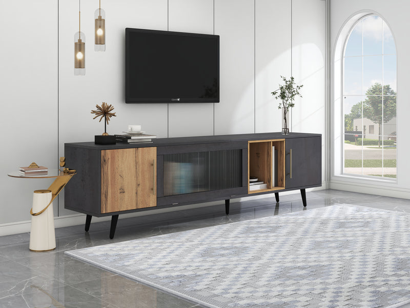 Meuble TV Élégant Gris et Bois Foncé avec Porte Abattante en Verre Changhong et Rangement Intégré (200x40x55.5cm - Pour TV 90"+) COVUNS