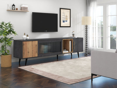 Meuble TV Élégant Gris et Bois Foncé avec Porte Abattante en Verre Changhong et Rangement Intégré (200x40x55.5cm - Pour TV 90"+) COVUNS