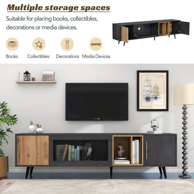Meuble TV Élégant Gris et Bois Foncé avec Porte Abattante en Verre Changhong et Rangement Intégré (200x40x55.5cm - Pour TV 90"+) COVUNS