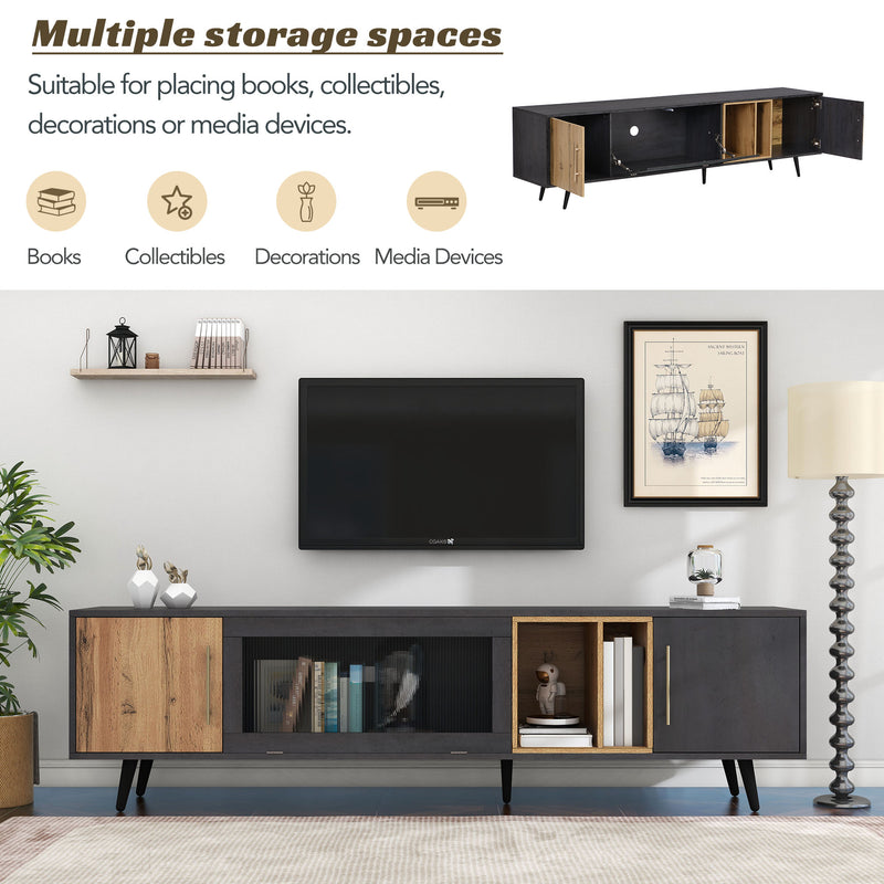 Meuble TV Élégant Gris et Bois Foncé avec Porte Abattante en Verre Changhong et Rangement Intégré (200x40x55.5cm - Pour TV 90"+) COVUNS