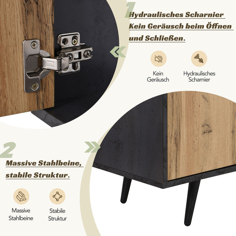 Meuble TV Élégant Gris et Bois Foncé avec Porte Abattante en Verre Changhong et Rangement Intégré (200x40x55.5cm - Pour TV 90"+) COVUNS