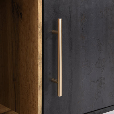 Meuble TV Élégant Gris et Bois Foncé avec Porte Abattante en Verre Changhong et Rangement Intégré (200x40x55.5cm - Pour TV 90"+) COVUNS