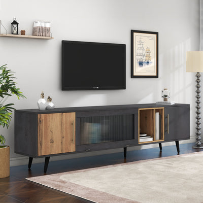 Meuble TV Élégant Gris et Bois Foncé avec Porte Abattante en Verre Changhong et Rangement Intégré (200x40x55.5cm - Pour TV 90"+) COVUNS