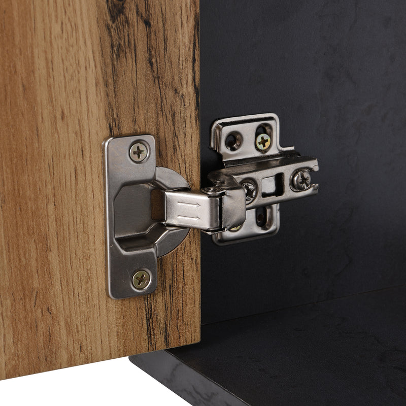 Meuble TV Élégant Gris et Bois Foncé avec Porte Abattante en Verre Changhong et Rangement Intégré (200x40x55.5cm - Pour TV 90"+) COVUNS