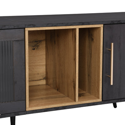 Meuble TV Élégant Gris et Bois Foncé avec Porte Abattante en Verre Changhong et Rangement Intégré (200x40x55.5cm - Pour TV 90"+) COVUNS