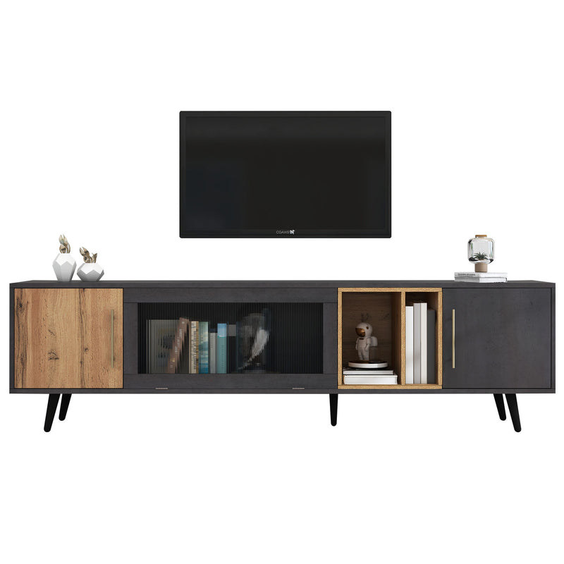 Meuble TV Élégant Gris et Bois Foncé avec Porte Abattante en Verre Changhong et Rangement Intégré (200x40x55.5cm - Pour TV 90"+) COVUNS